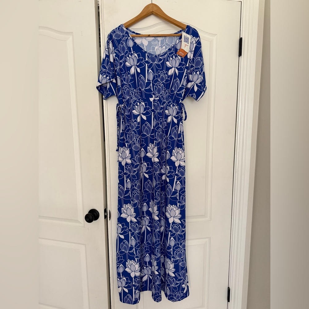 New UV Skinz Blue White Floral Maxi Dress Adj. Waist UPF 50+ Quick Dry 2XL NWT